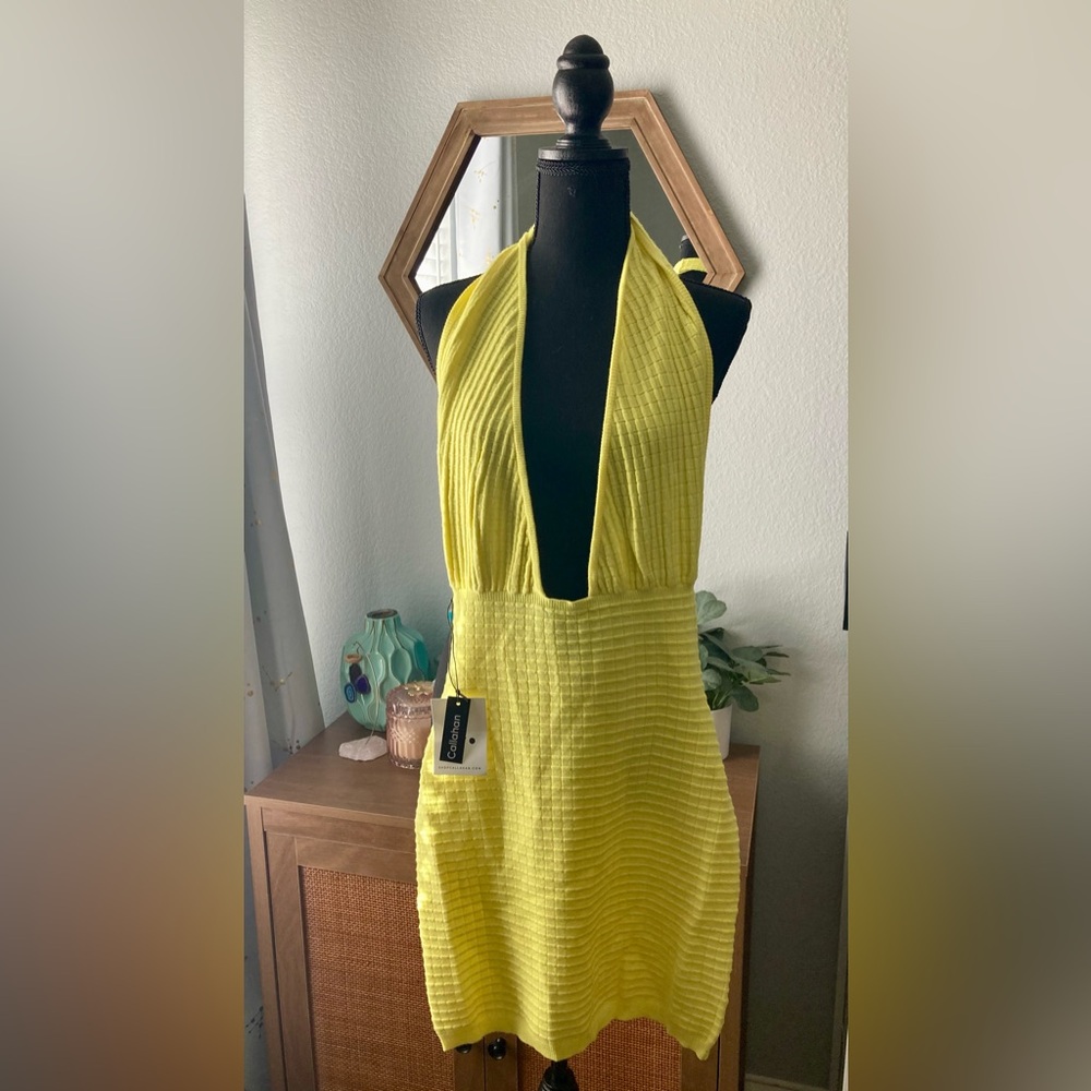 NWT Callahan knit yellow dress. US size 4 or Small. Plunging V open back